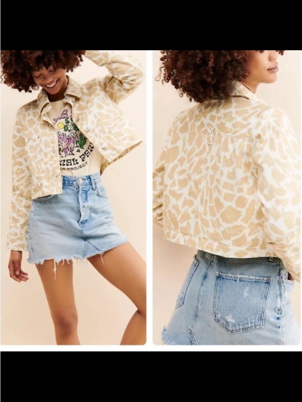 Anthropologie Maeve animal print denim jacket cream Large